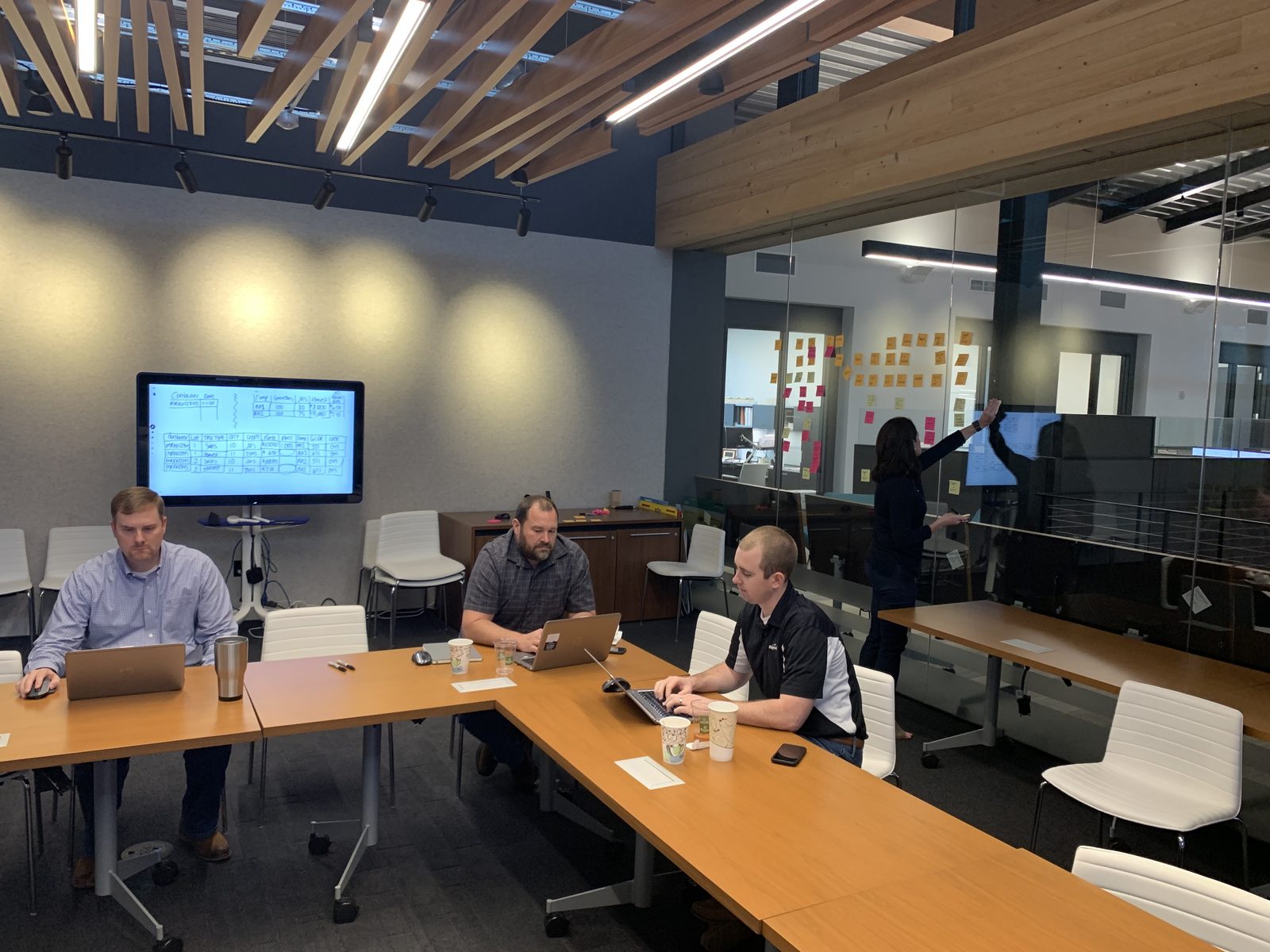 A working session in progress: team members at laptops with sticky-note process maps covering the glass walls behind them